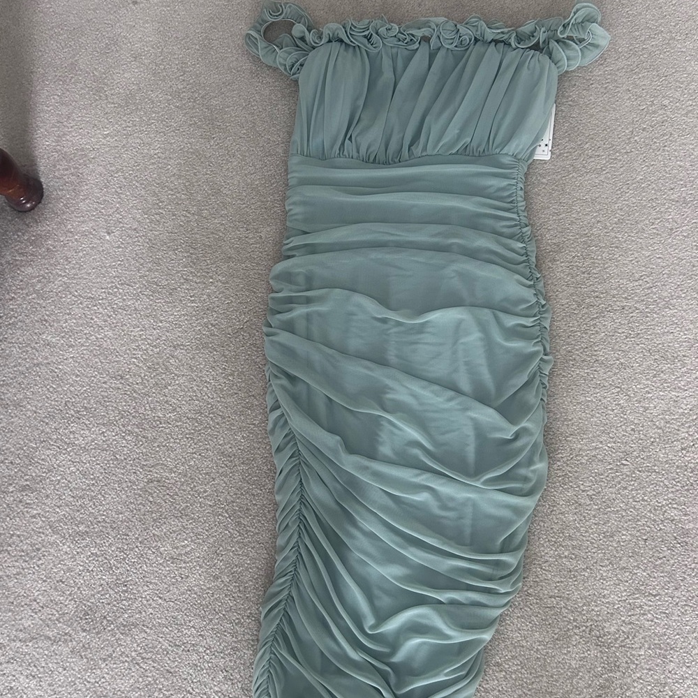 Hello Molly Sage Green Strapless Ruched Midi Dress